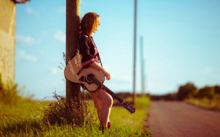 Woman guitar pole outdoors sunset - a guitar free wallpaper