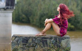 Woman redhair rock river bridge - daphne mcclure free wallpaper