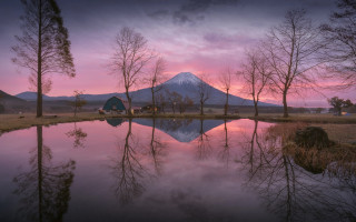 Mountain reflection pond sunset pink - awataguchi takamitsu free wallpaper