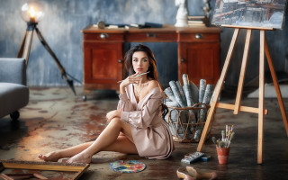 Woman sitting easel painting photorealistic - art station free wallpaper