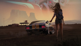 Desert retrofuturism woman car sunset - alena aenami free wallpaper