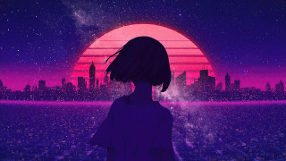 City skyline sunset cyberpunk aurora - synthwave style free wallpaper
