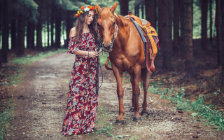 Woman floral dress horse forest - floral free wallpaper