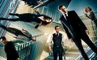 People suits city skyscrapers background - abstract illusionism free wallpaper