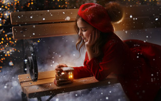 Girl red dress lantern cellphone - a lantern free wallpaper