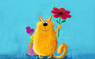 Cat flower gift butterfly painting - naive free wallpaper