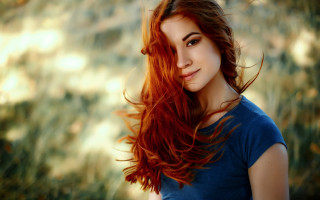 Red haired woman woods portrait - the wind free wallpaper