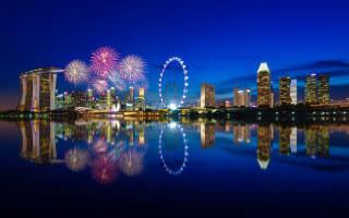 City skyline fireworks lake reflection 2 - a city skyline free wallpaper