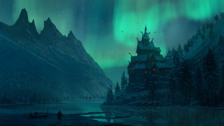 Castle forest green aurora lake - a green aurora free wallpaper