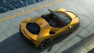 Yellow sports car water road - the sidewalk free wallpaper