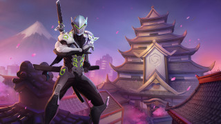 Futuristic man sword city mountain - dai jin free wallpaper