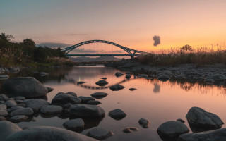 Bridge river rocks sunset mountains - andrew law free wallpaper