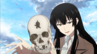 Girl holding skull sky background - a skull free wallpaper