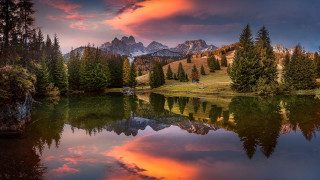 Lake mountains trees sunset cloudy 2 - a sunset in the background free wallpaper