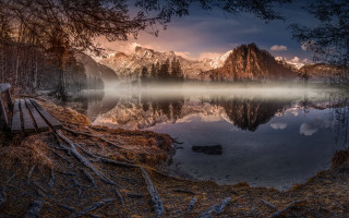 Lake mountains fog mystical bench - the air above free wallpaper