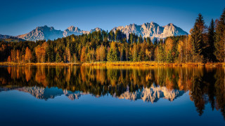 Mountain range reflection lake trees 15 - a blue sky in the background free wallpaper for desktop