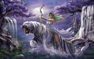 Woman tiger river elf moon - the back free wallpaper