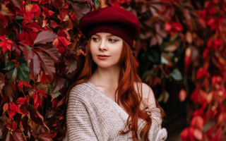 Red hair woman autumn leaves - art nouveau free wallpaper