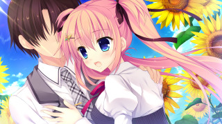 Anime couple sunflowers sky background - sots art free wallpaper