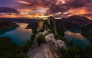 Mountain lake castle sunset clouds - romanesque free wallpaper