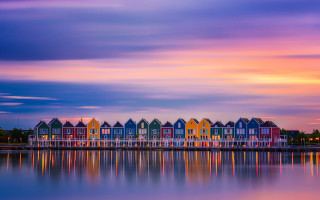 Colorful houses lake pier sunset - a pier free wallpaper