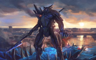 Giant robot water sword city - his hand and a city in the background free wallpaper