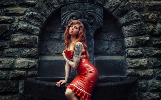 Gothic red dress fountain tattoo - her arm and chest free wallpaper