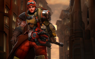Woman red yellow outfit gun - a gun in a city street free wallpaper