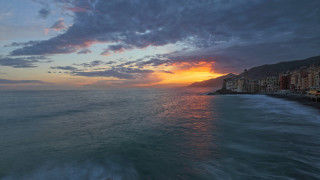 Sunset water mountains city shore - mystical free wallpaper