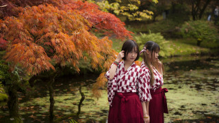 Autumn japanese girls pond leaves - two woman free wallpaper