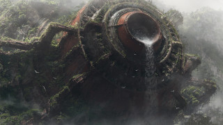Futuristic city waterfall birds foggy - a futuristic city free wallpaper