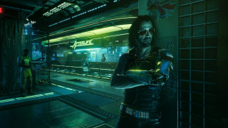 Futuristic man cyberpunk city woman - a yellow dress free wallpaper