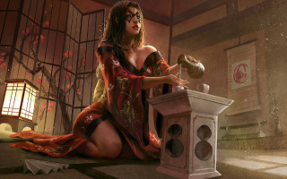 Woman red dress teapot lantern - a ledge free wallpaper