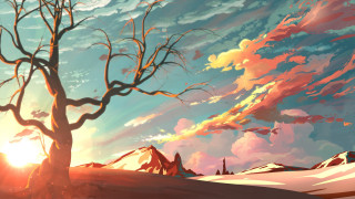 Tree snow sunset fantasy matte - anton fadeev free wallpaper