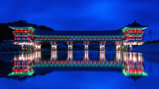 Bridge light reflection cityscape night - symmetrical free wallpaper