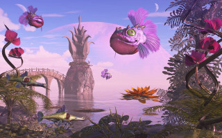 Tropical bridge flowers fish fantasy - the water and a bridge in the background free wallpaper