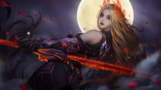 Woman sword fullmoon cherryblossoms night - long hair holding free wallpaper