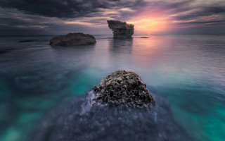 Ocean rock sunset mystical colors - andrew law free wallpaper