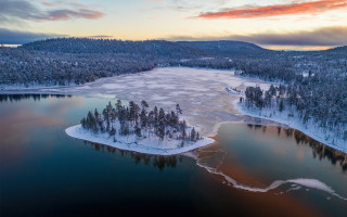 Lake sunset winter trees reflection - covered ground free wallpaper
