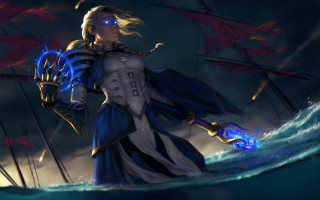 Woman blue dress blue sword - a ship in the ocean free wallpaper