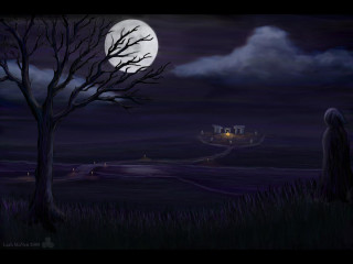 Creepy tree castle night full - a full moon free wallpaper