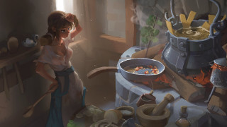 Woman cooking kitchen stove food - a kitchen next free wallpaper