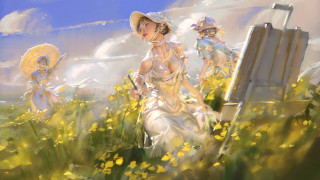 Three women flower field suitcase - craig mullins free wallpaper