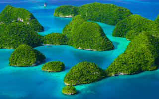 Island forest waterfall ocean sky - small island free wallpaper