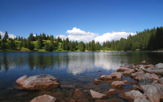 Lake rocks trees clouds ecological - edi rama free wallpaper