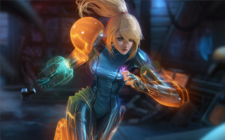 Futuristic suit woman glowing object - game art free wallpaper