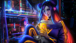 Neon city woman coffee cyberpunk - long hair holding free wallpaper