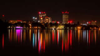 City skyline reflection night christmas - the building and trees free wallpaper