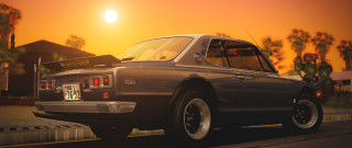 Sunset palm trees car road - photorealistic lighting free wallpaper