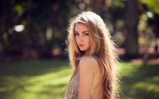 Woman blonde longhair field trees - natural free wallpaper